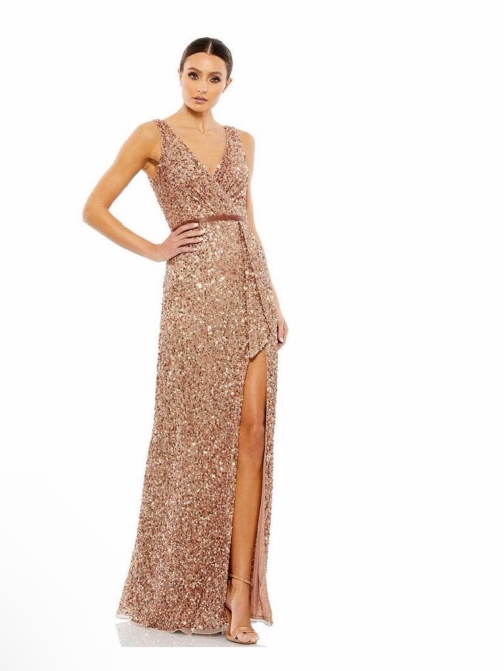 Mac Duggal 5539 V Neck Sleeveless High Slit Sequin Beaded Wrap Gown Copper Sz 6